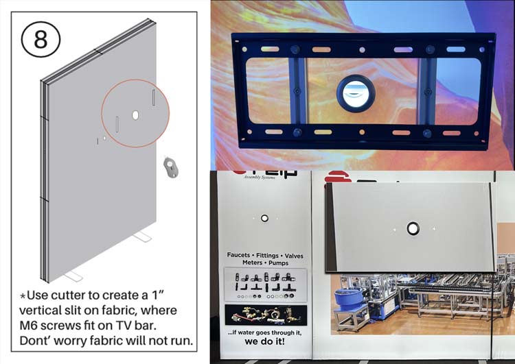 Monitor mount fastened to a BrightLine or StraightLine display frame, with a grommeted cord port at the center over the fabric graphic